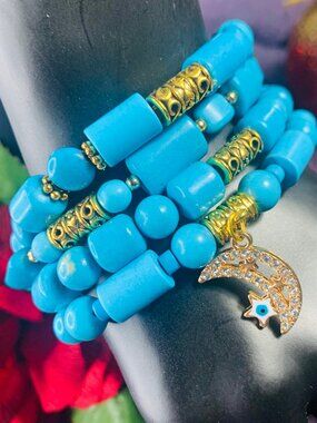 Evil Eye Charm, Heishi Turquoise, Howlite, Magnesite & Pewter Bracelet Set